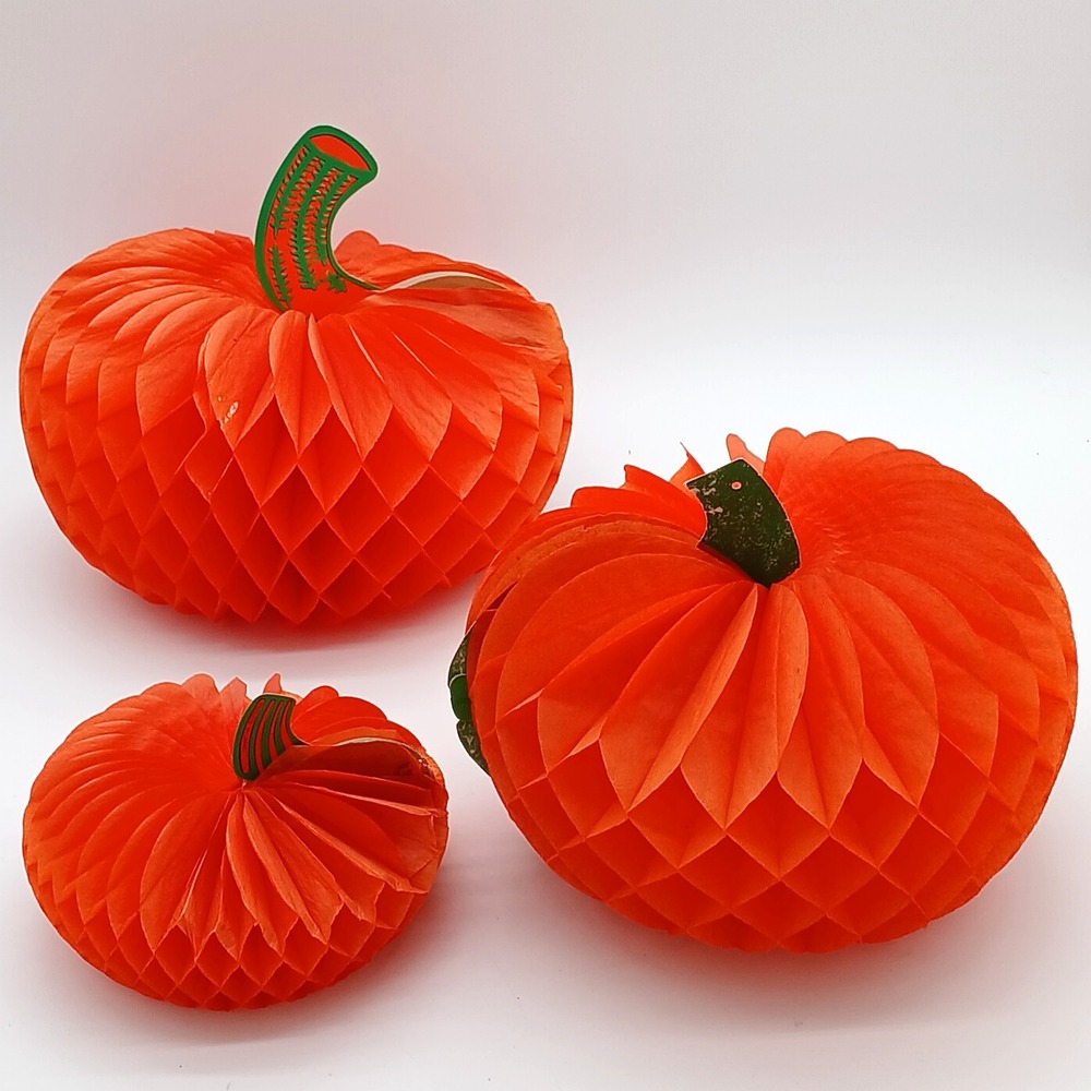 MCM Halloween Decoration Honeycomb Tissue Pumpkin Set Of 3 Beistle & Japan 1960s